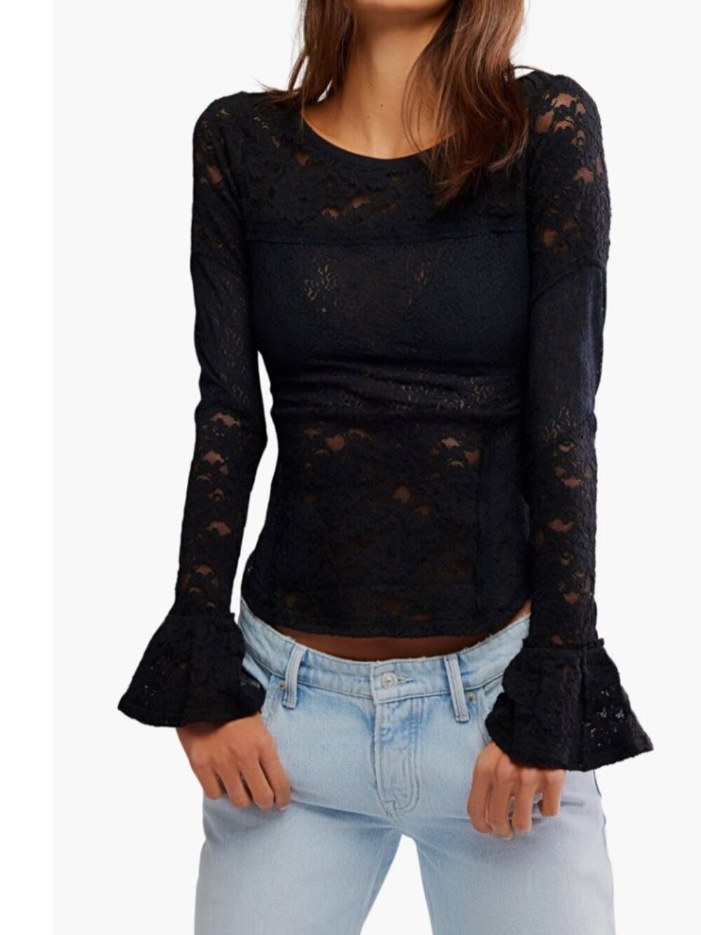 NWT Free People Sheer Lace Flared Long Sleeve Top in Black